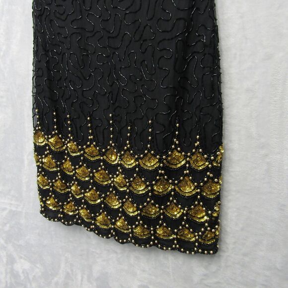 Laurence Kazar Black Gold Beaded Sequin Evening Dress Mini Short Sleeve Silk S - Picture 10 of 13